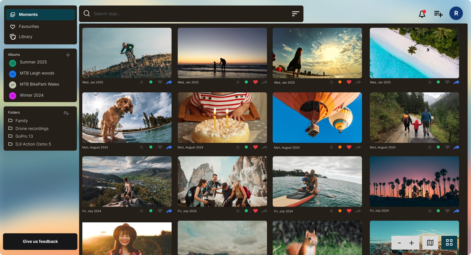 A screen shot of the classer app in dark mode, showing all the action camera recordings